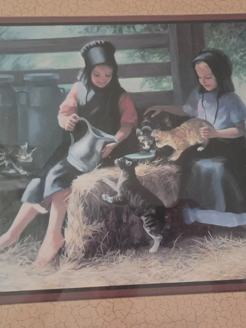 SHARING WITH A FRIEND FRAMED ART 2 GIRLS FEEDING KITTENS ARTIST SIGNED